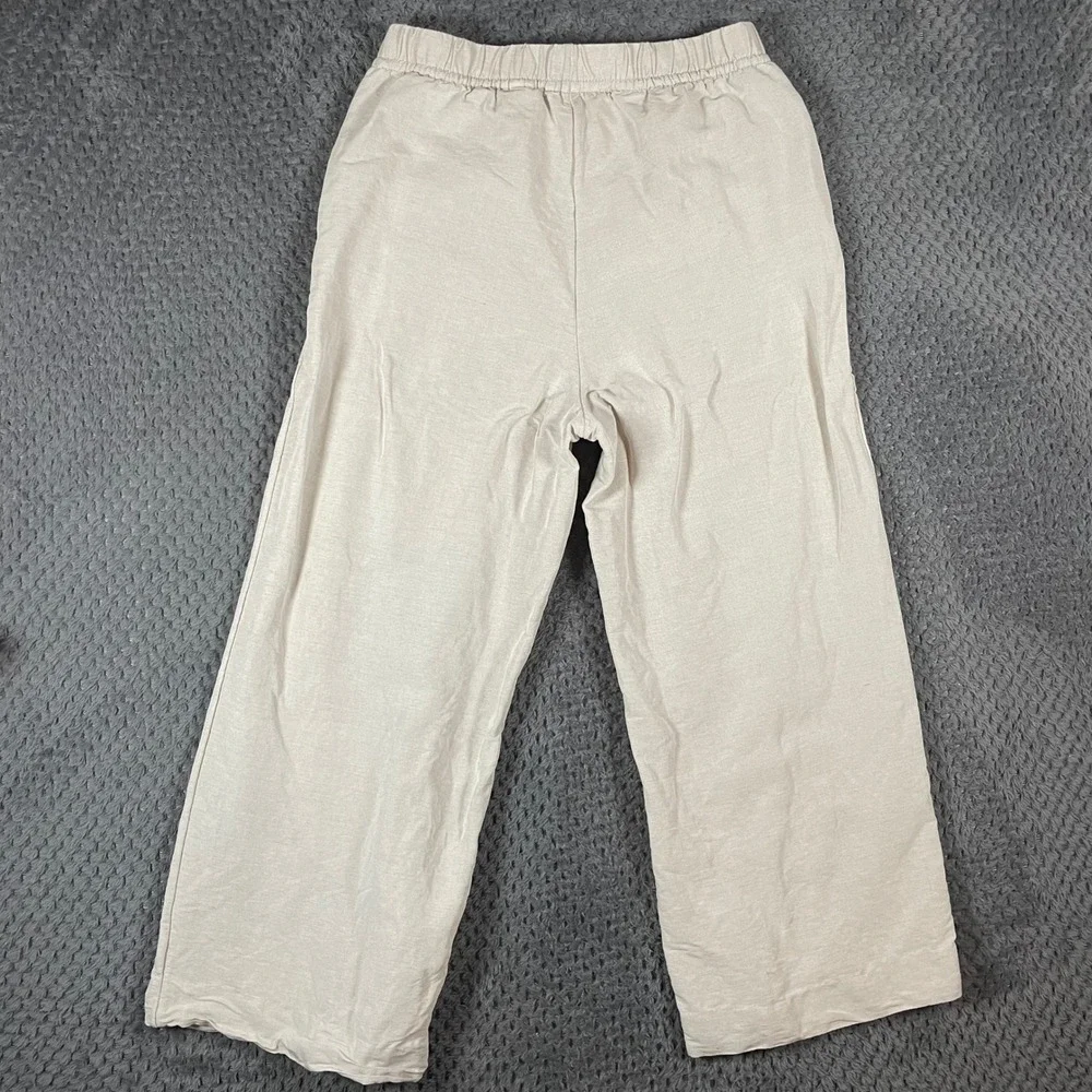 HM Womens Linen Blend Wide Leg Pants S Beige Oatmeal Elastic Waist Minimalist